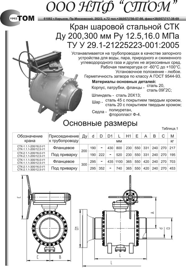 Кран шаровой СТК 200-300